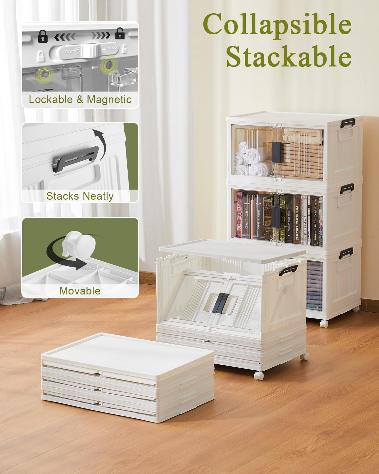 OlarHike 48QT Foldable Storage Bins with Lids, White, 4-Pack