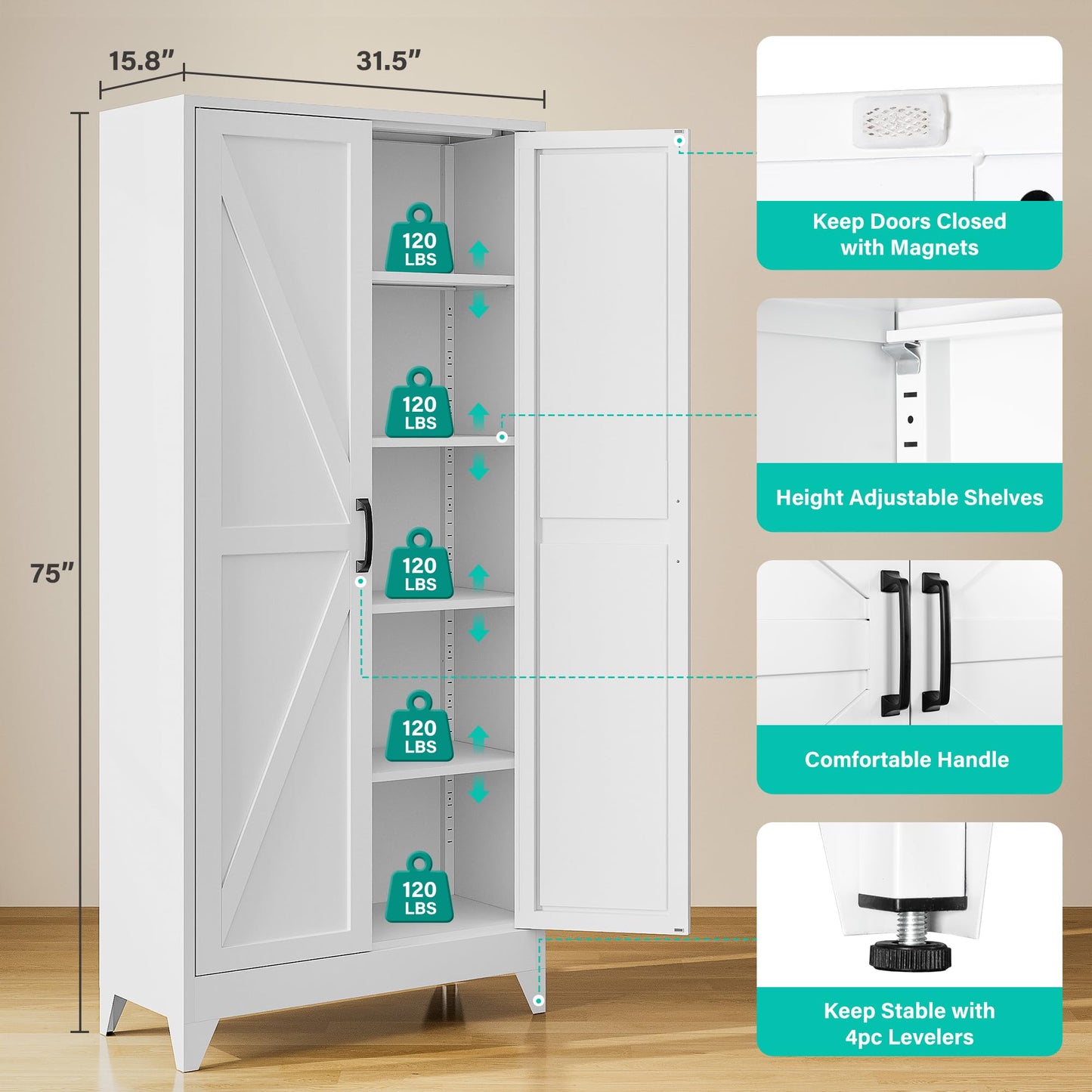 SISESOL 75" Tall Farmhouse Pantry Cabinet with 2 Doors & 5 Shelves