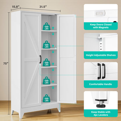 SISESOL 75" Tall Farmhouse Pantry Cabinet with 2 Doors & 5 Shelves