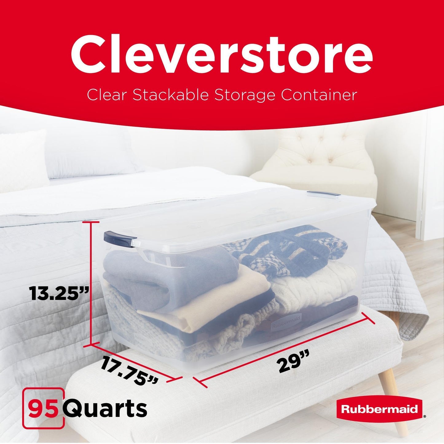 Rubbermaid Cleverstore 95QT Clear Storage Bins with Lids, 4-Pack
