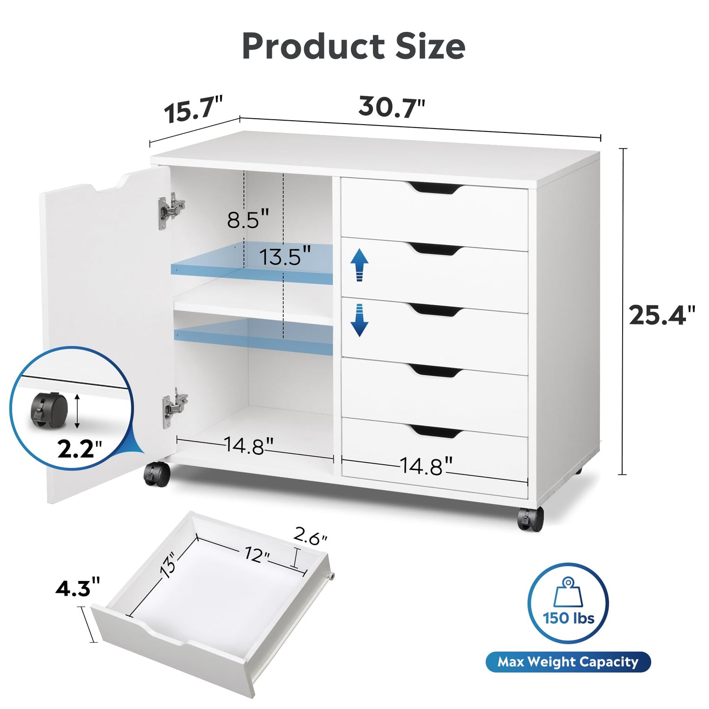 DEVAISE 5-Drawer Wood Storage Cabinet for Home & Office – White