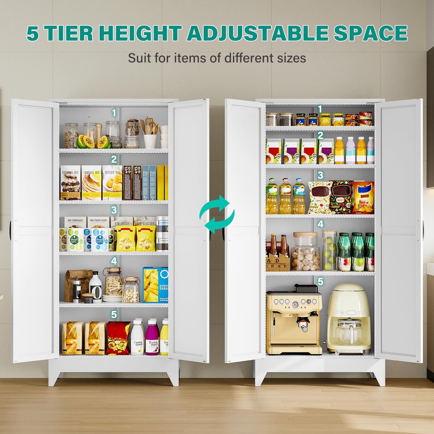 SISESOL 75" Tall Farmhouse Pantry Cabinet with 2 Doors & 5 Shelves