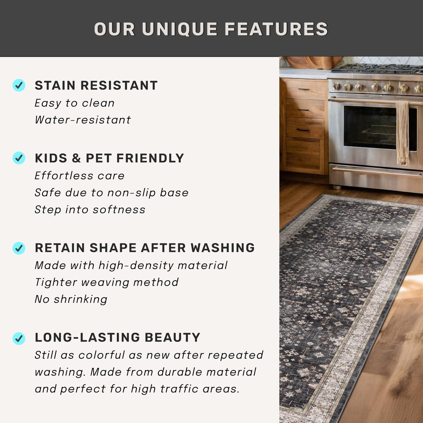 8x10 Black Farmhouse Washable Area Rug – Non-Slip, Stain Resistant