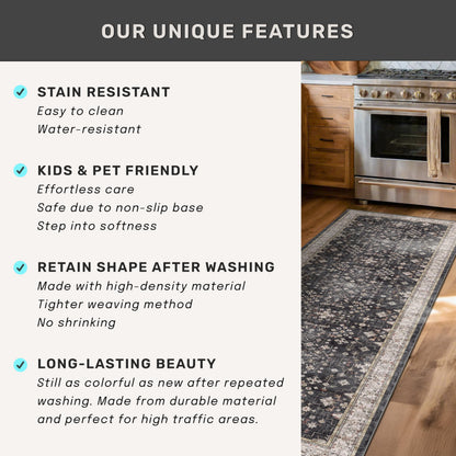 8x10 Black Farmhouse Washable Area Rug – Non-Slip, Stain Resistant