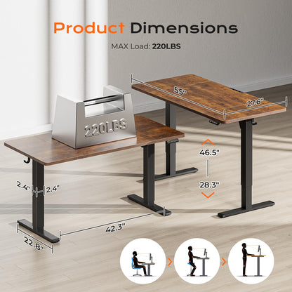 Huuger 55x28 Electric Height Adjustable Standing Desk, Rustic Brown