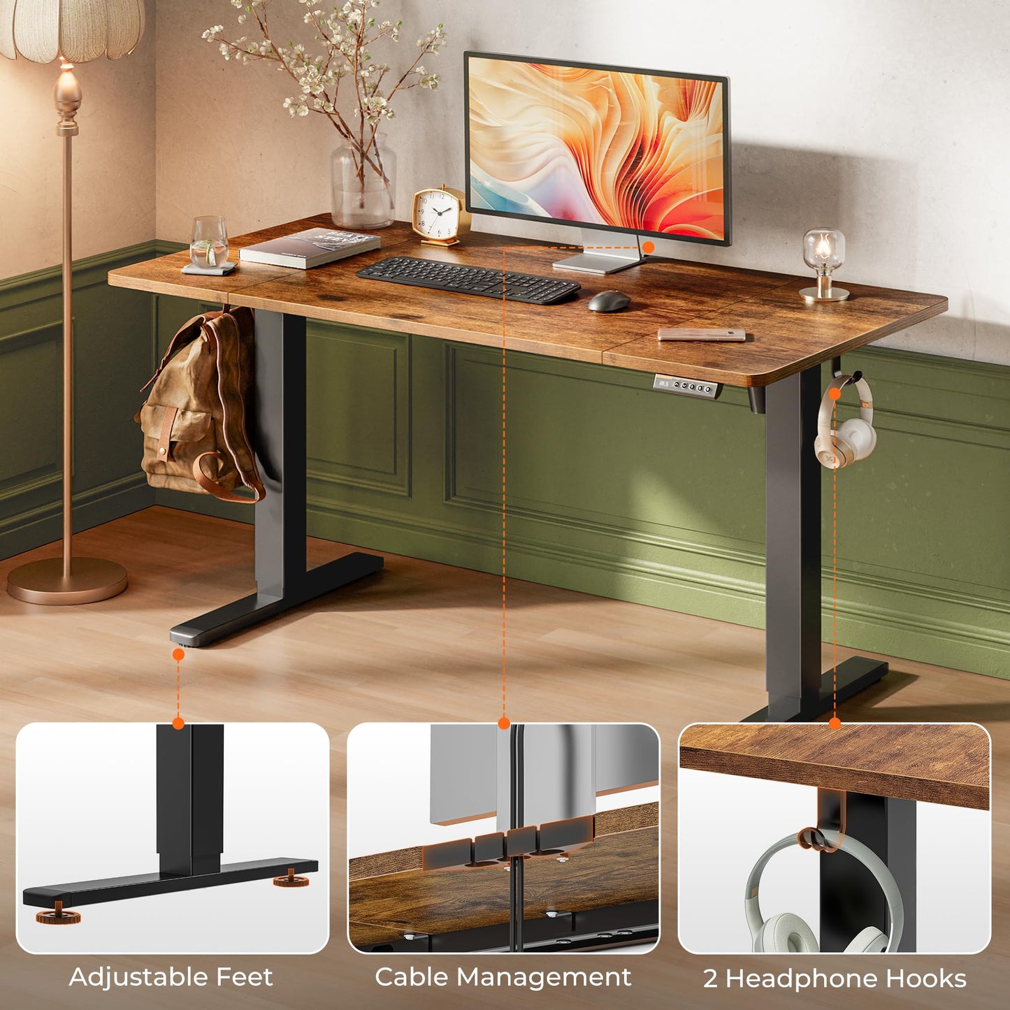 Huuger 55x28 Electric Height Adjustable Standing Desk, Rustic Brown