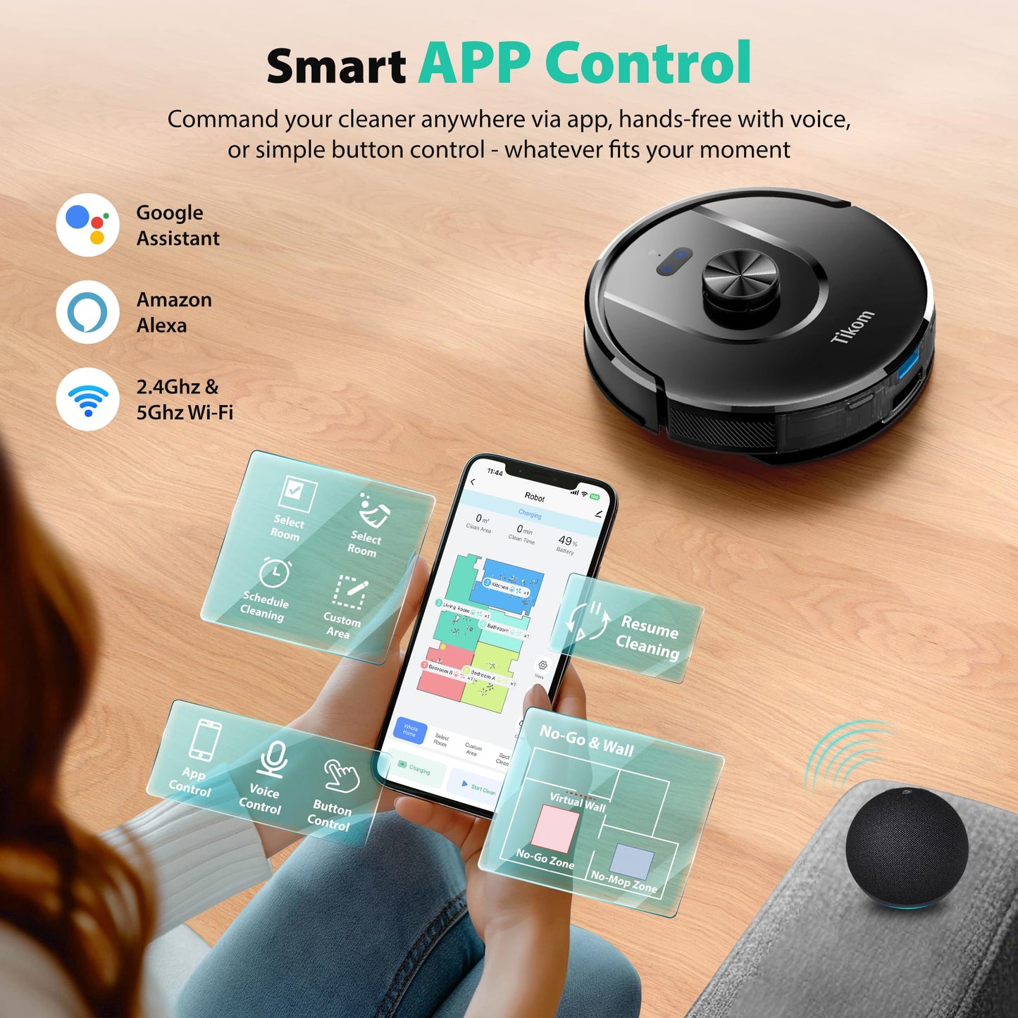 Tikom Robot Vacuum & Mop with Self-Emptying Base, 6000Pa Suction