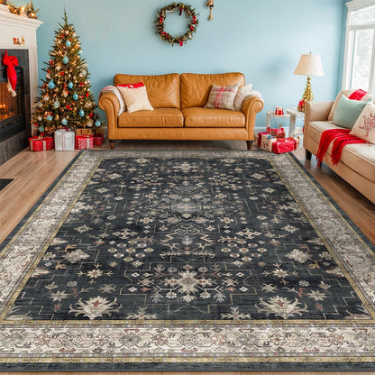 8x10 Black Farmhouse Washable Area Rug – Non-Slip, Stain Resistant