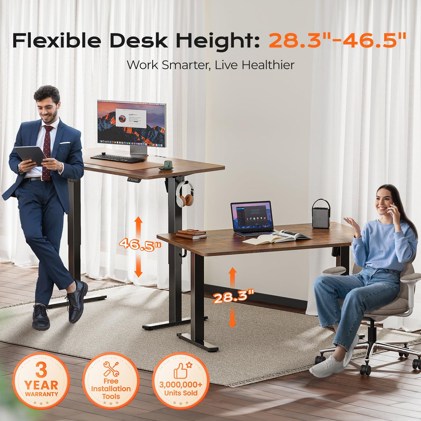 Huuger 55x28 Electric Height Adjustable Standing Desk, Rustic Brown