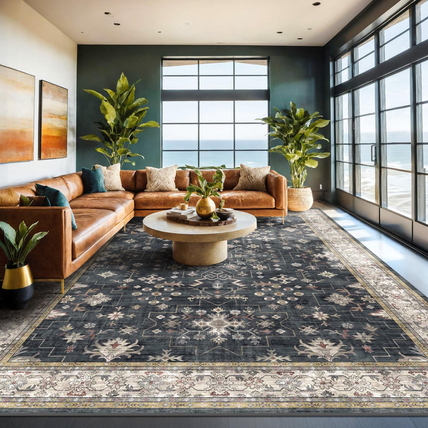 8x10 Black Farmhouse Washable Area Rug – Non-Slip, Stain Resistant