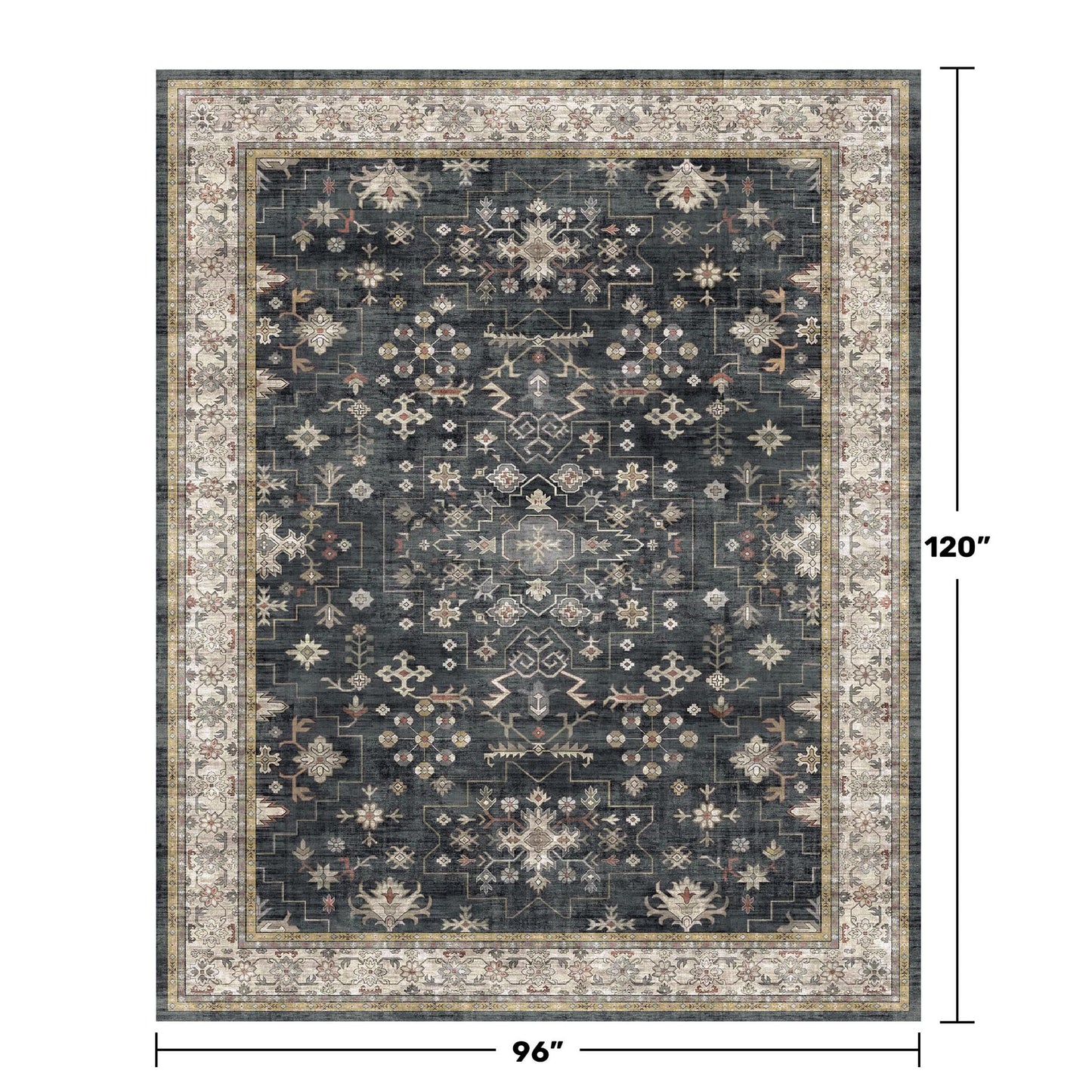 8x10 Black Farmhouse Washable Area Rug – Non-Slip, Stain Resistant