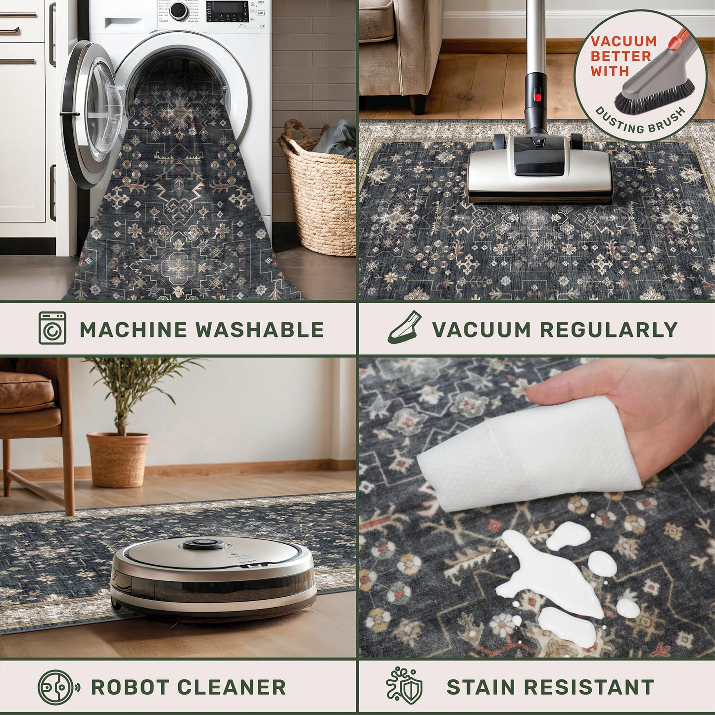 8x10 Black Farmhouse Washable Area Rug – Non-Slip, Stain Resistant