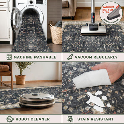 8x10 Black Farmhouse Washable Area Rug – Non-Slip, Stain Resistant