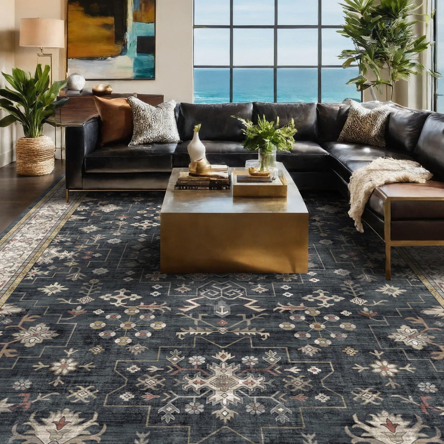 8x10 Black Farmhouse Washable Area Rug – Non-Slip, Stain Resistant