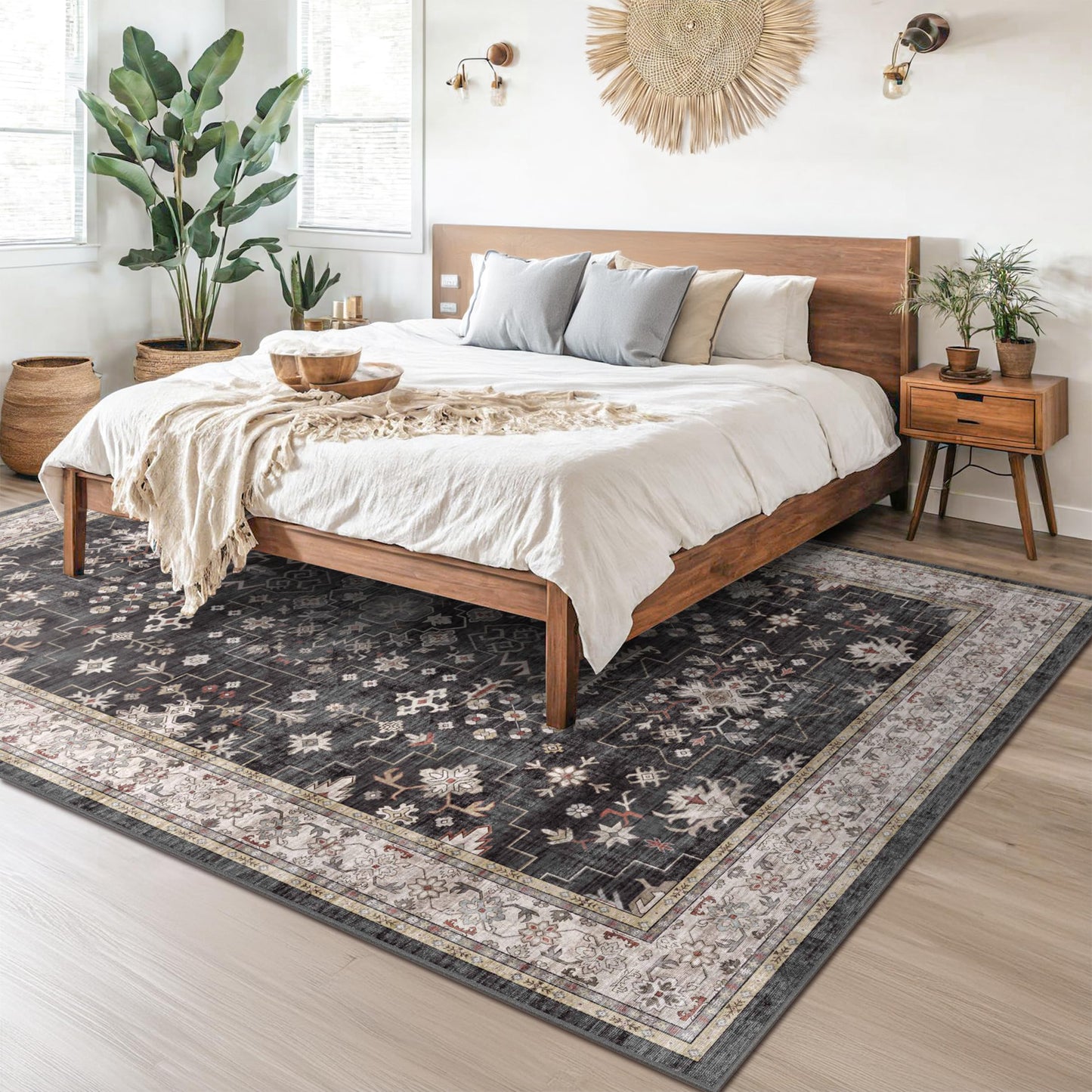 8x10 Black Farmhouse Washable Area Rug – Non-Slip, Stain Resistant
