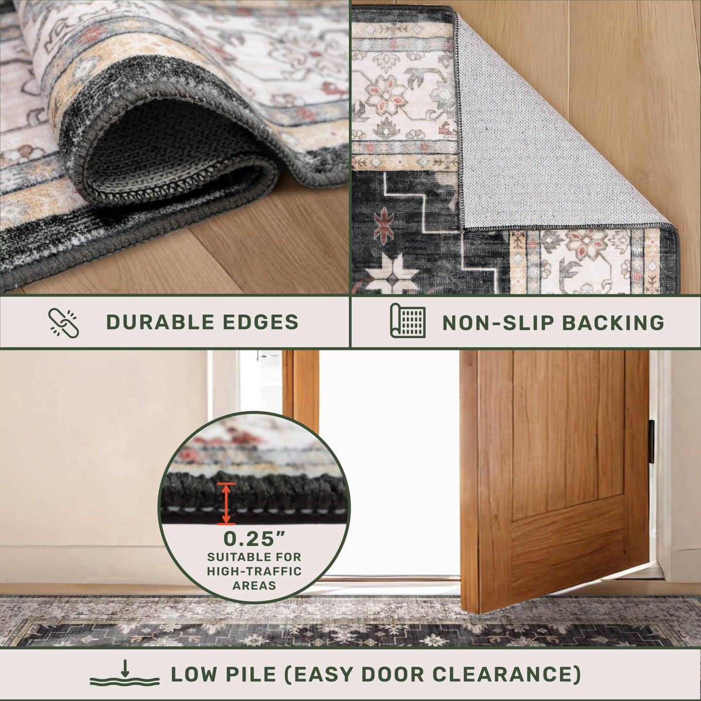8x10 Black Farmhouse Washable Area Rug – Non-Slip, Stain Resistant